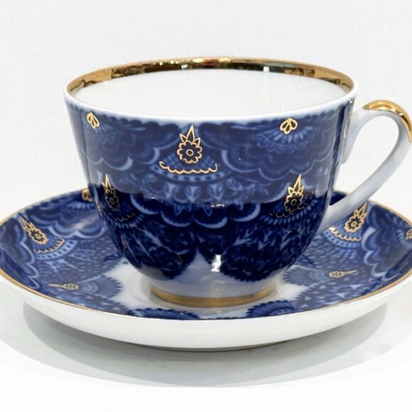 Vintage Lomonosov "Fans and Flowers" Cobalt Blue Teacup and Saucer - Picture 2 of 9